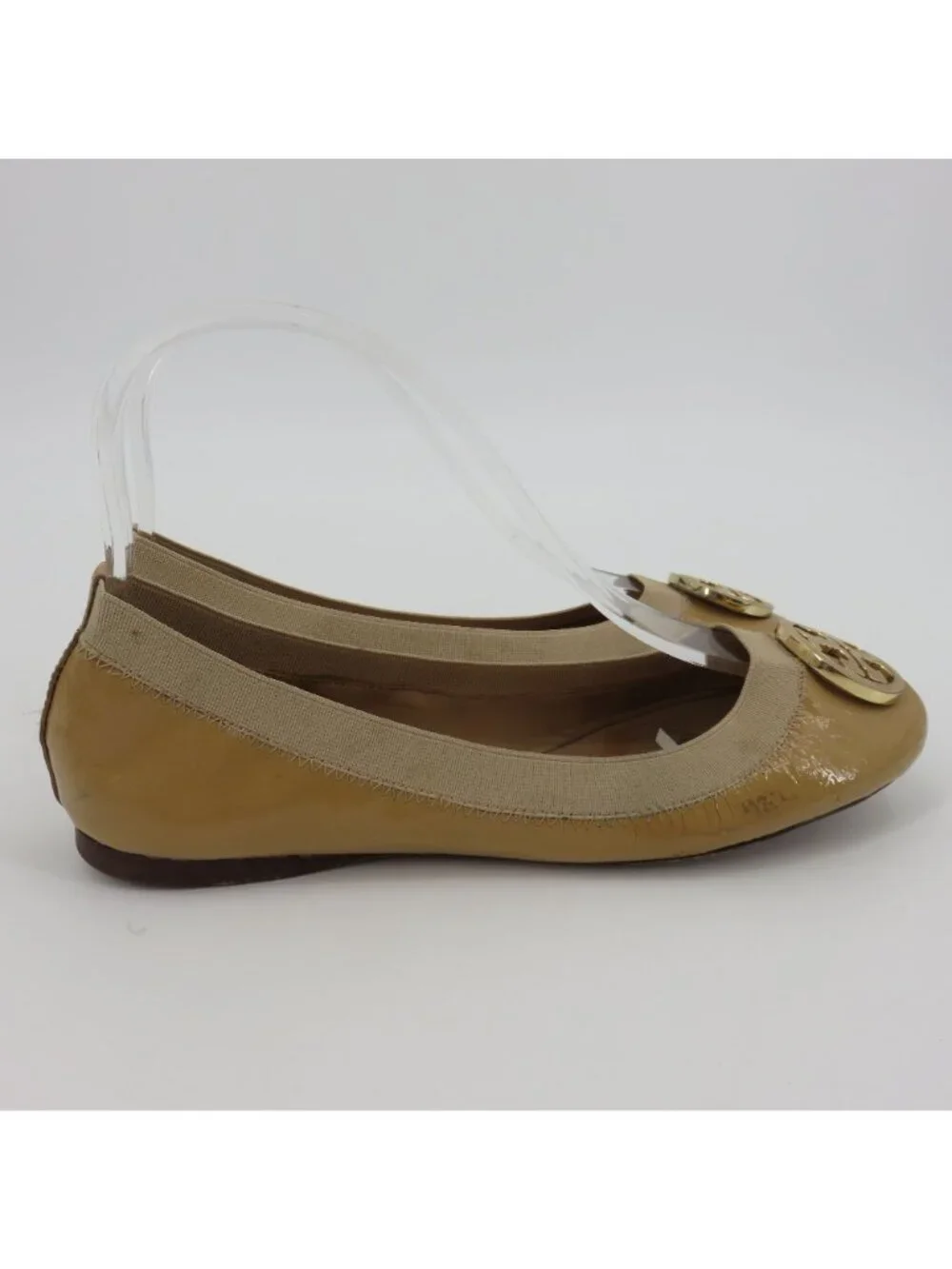 Tory Burch Women 7.5 M CAROLINE Beige Patent Leather Logo Ballet Flats Shoes